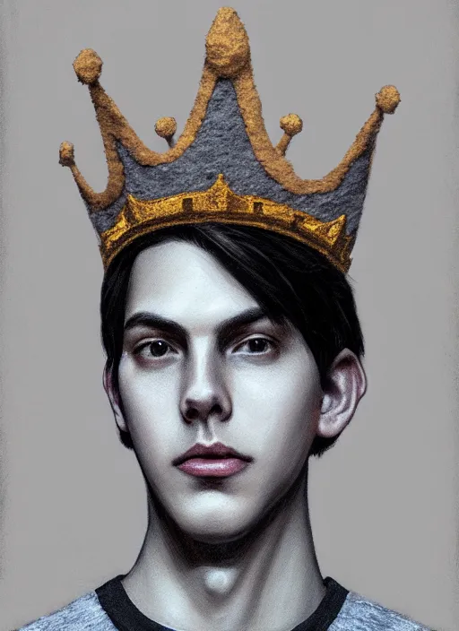 Prompt: portrait of teenage jughead jones wearing a light grey crown, photorealistic, crown made of fabric, crown, crown made of felt, black hair, intricate, elegant, highly detailed, digital painting, glowing lights, artstation, concept art, smooth, sharp focus, illustration, art by wlop, mars ravelo and greg rutkowski