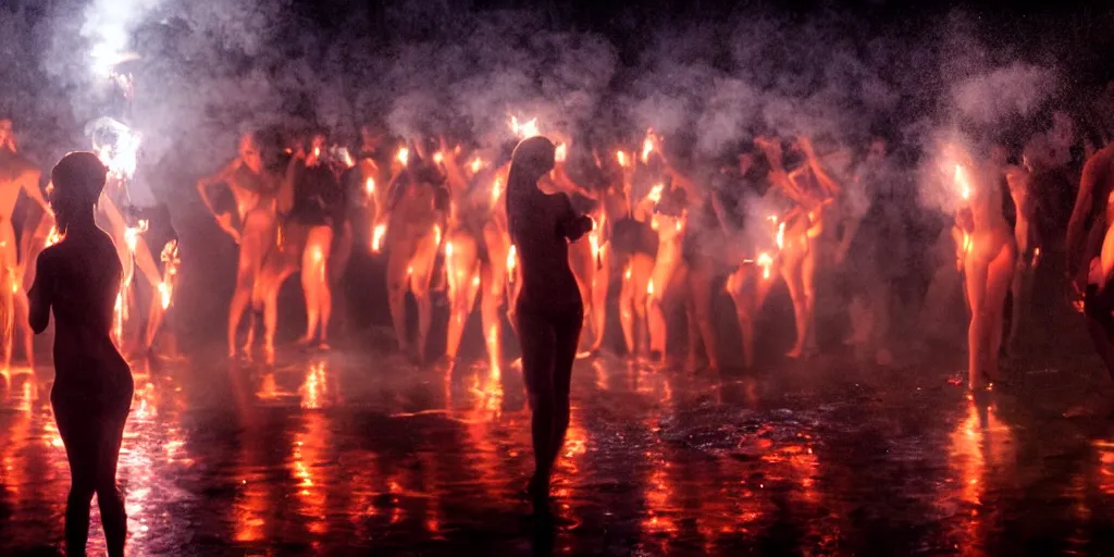 Prompt: love, groups of people with glowing bodies, from behind, rebirth, beauty, wide angle, elaborate, wet, highly detailed, smoke, steam, reflections, vivid colors, beautiful lighting