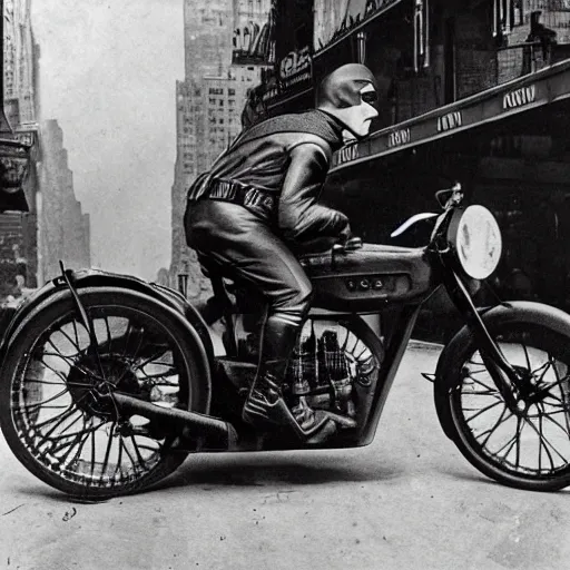 Image similar to old black and white photo, 1 9 1 3, depicting batman on a motorcycle from dark knight racing through the bustling streets of new york city, rule of thirds, three - point perspective, historical record