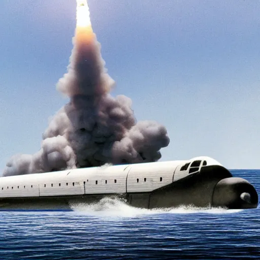 Image similar to a submarine launching a space shuttle from a missile bay, realistic photo, digital photo