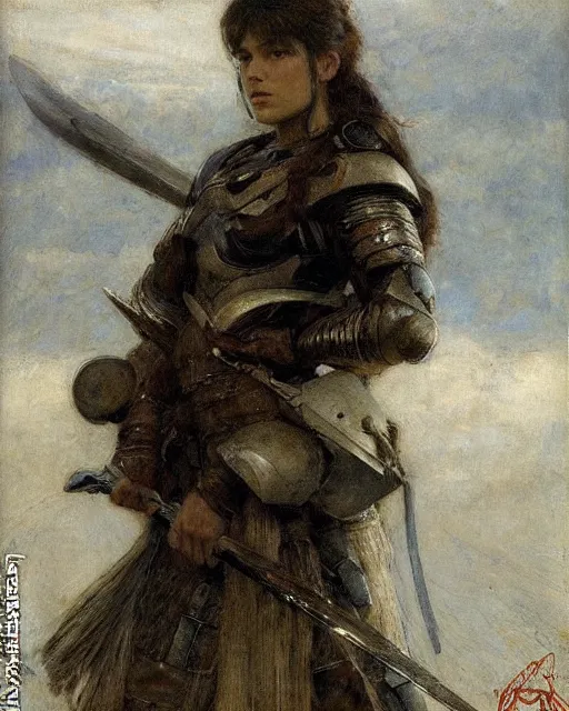 Image similar to a beautiful and strong female warrior by Edgar Maxence, Ross Tran and Jules Bastien-Lepage