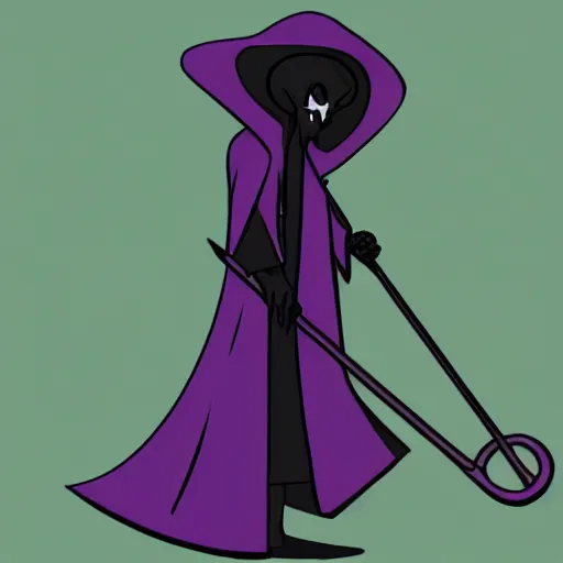 Image similar to grim reaper, purple cloak, full body, scythe