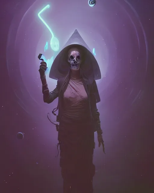 Image similar to highly detailed surreal vfx portrait of a spacepunk grim reaper, stephen bliss, unreal engine, greg rutkowski, loish, rhads, beeple, makoto shinkai and lois van baarle, ilya kuvshinov, rossdraws, tom bagshaw, alphonse mucha, global illumination, detailed and intricate environment