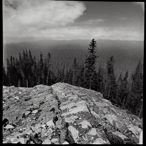 Prompt: A medium-format black-and-white photo shot on expired film, of the last thing a hiker saw before disappearing forever, 1976