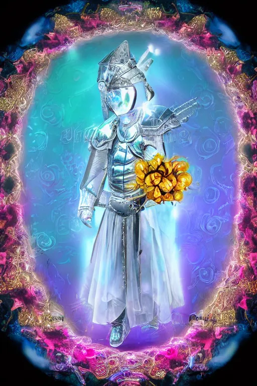 Prompt: opalescent retrofuturistic digital airbrush illustration of a knight wearing an ornate chrome headpiece and holding a flower with a landscape and sky in the background by luigi patrignani