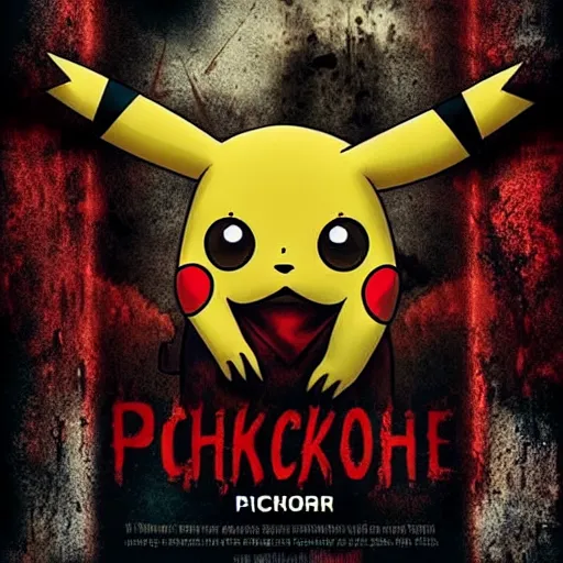 Image similar to a poster of a horror slasher movie starring pikachu