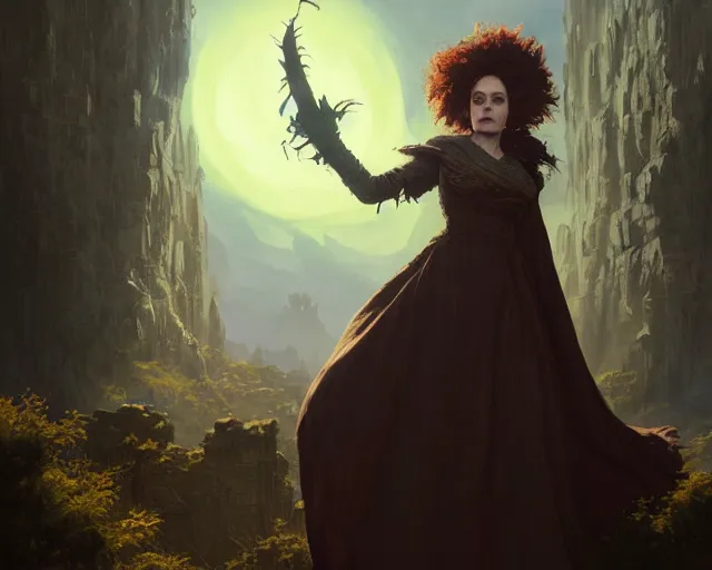 Image similar to highly detailed portrait of helena bonham carter as a mage, in dragon age : inquisition, stephen bliss, unreal engine, fantasy art by greg rutkowski, loish, rhads, ferdinand knab, makoto shinkai and lois van baarle, ilya kuvshinov, rossdraws, tom bagshaw, global illumination, radiant light, detailed and intricate environment