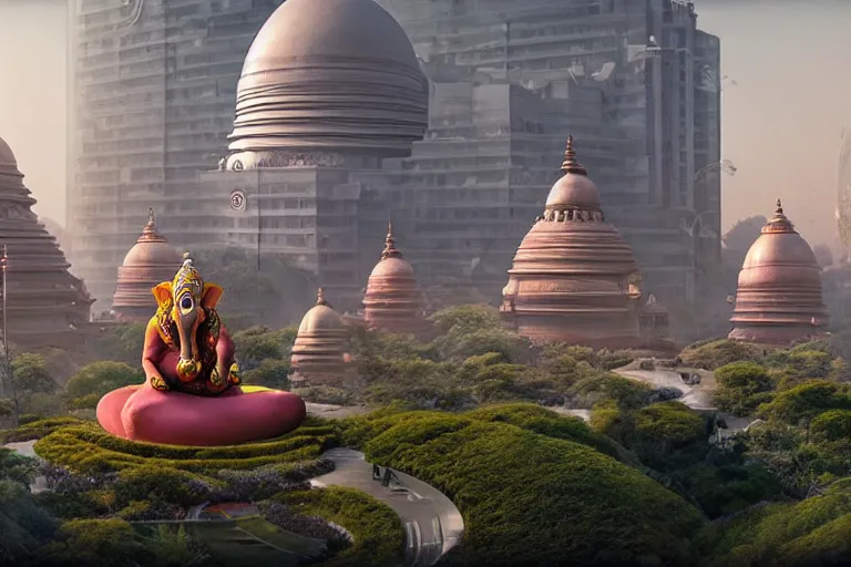 Image similar to beautiful futuristic biomorphic new delhi, sci - fi ganesha!! building, kalighat flowers, octane highly detailed cinematic, stephen shore & john j. park, soft morning light, wide shot, aerial shot, uhd 8 k, shallow depth of field