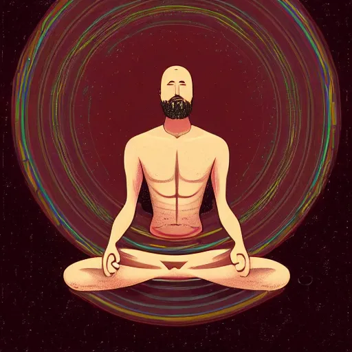 Image similar to a man in a deep meditative state become one with the universe, digital art, illustration