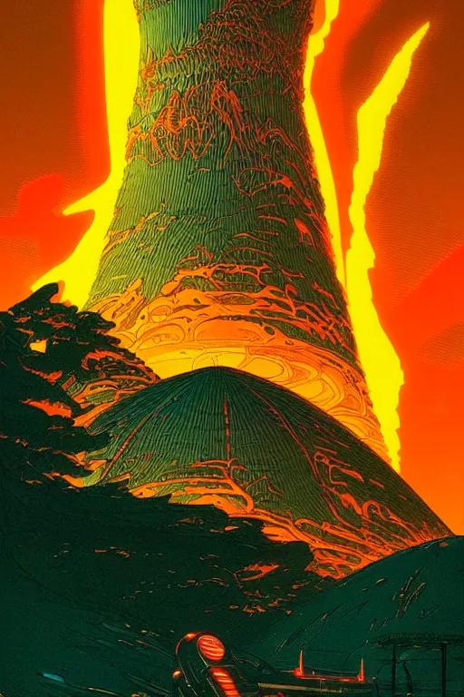 Image similar to artwork by kilian eng and toshi yoshida and franklin booth showing a futuristic powerstation!! in front of a ( ( erupting volcano ) ), vintage scifi, high details, dramatic lightning,, 8 k