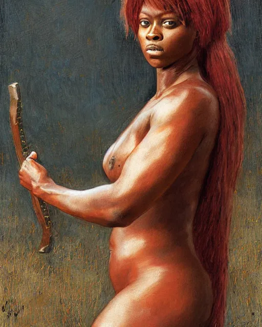 Image similar to jada fire as a beautiful and strong female warrior by Boris Valejo and Laura Sava and Jules Bastien-Lepage