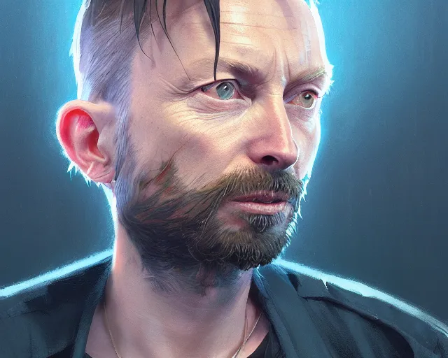 Image similar to highly detailed portrait of thom yorke, in gta v, stephen bliss, unreal engine, fantasy art by greg rutkowski, loish, rhads, ferdinand knab, makoto shinkai and lois van baarle, ilya kuvshinov, rossdraws, tom bagshaw, global illumination, radiant light, detailed and intricate environment