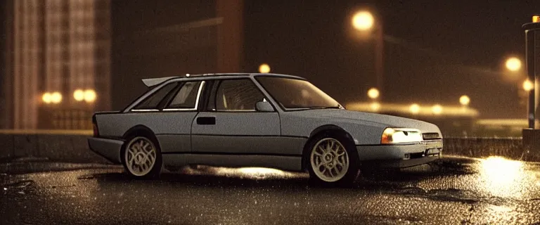 Image similar to Aqua Metallic Audi 80 RS 2 Avant (1995), black car, a gritty neo-noir, dramatic lighting, cinematic, establishing shot, extremely high detail, photorealistic, cinematic lighting, artstation, by simon stalenhag, Max Payne (PC) (2001) winter new york at night, flashing lights, Poets of the Fall - Late Goodbye