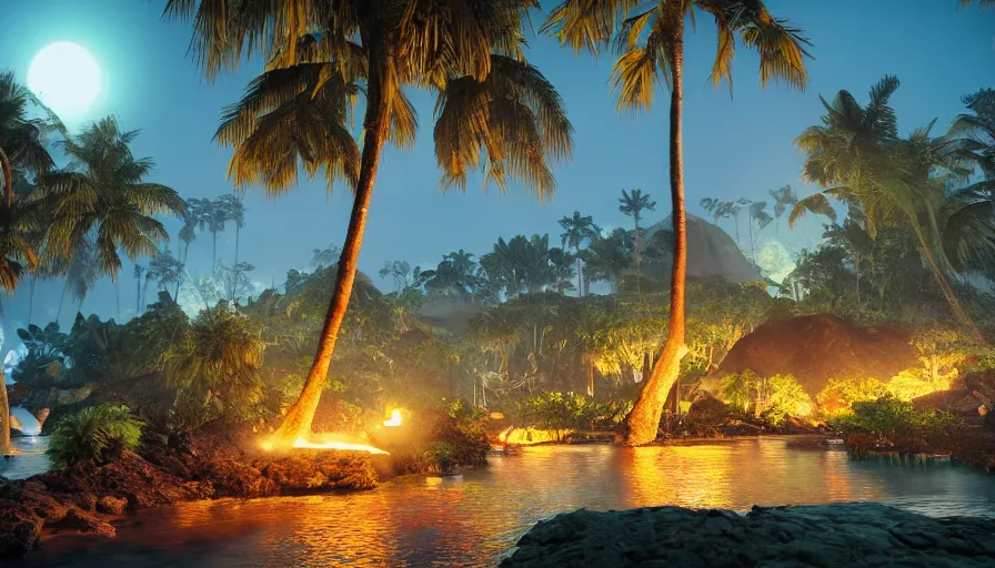 Image similar to volcano at night, moonlight, soothing lush landscape, detailed aqua lagoon, surrounded by crystal palm trees, unreal engine, realistic shading, realistic render, octane render, detailed textures, photorealistic, wide shot