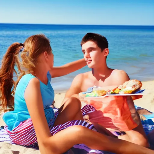 Prompt: a teenage girl and teenage boy having a picnic at the beach. Blue sky. Detailed faces, detailed body. Photo 4K.