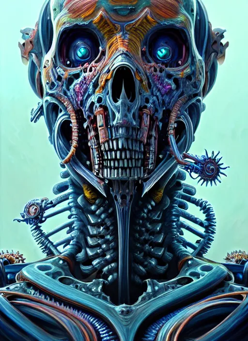 Image similar to hyper detailed ultra sharp painting of a undead biomechanical warrior trance man. trending on artstation, warpaint aesthetic, earthwave, colorful, psychedelic, ornate, intricate, digital painting, concept art, smooth, sharp focus, illustration, art by artgerm and greg rutkowski and h. r. giger, 8 k