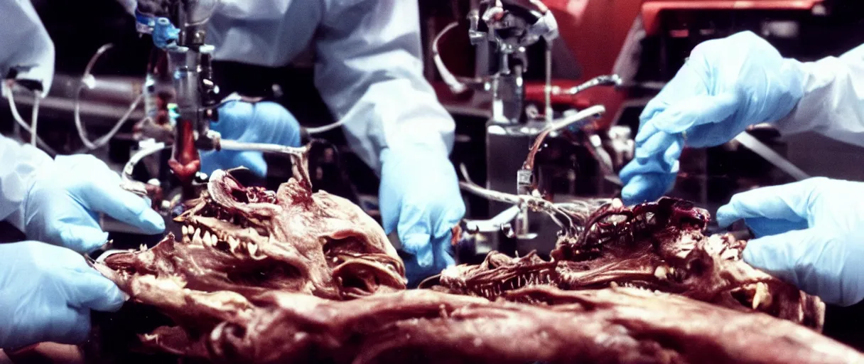 Image similar to filmic dutch angle extreme closeup movie still 4 k uhd 3 5 mm film color photograph of hands wearing surgical gloves dissecting a deceased mysterious grotesque alien specimen in a lab