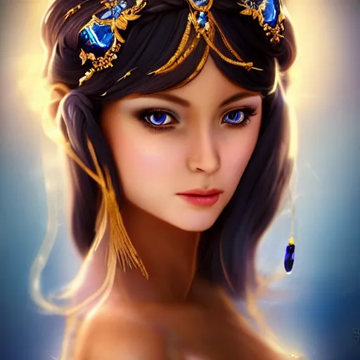 Image similar to a photographic portrait of an fantasy 30 years old princess with a deep blue sapphire and gold diadem, warmer colours, more tan face, light brown hair, cinematic light, by Zhang Jigna, canon 50mm, artstation