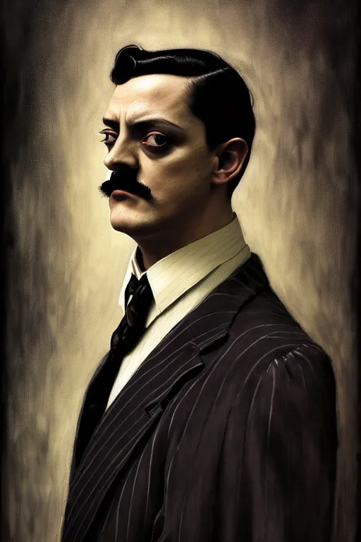 Prompt: gomez addams, dark - colored suit and tie, gothic, young, castilian descent, man, full - body, realistic portrait, ethereal, soft clean focus, art by emil melmoth, gustave dore, craig mullins, yoji shinkawa, art germ, pete morbacher, david lynch, hyper detailed, high detail, artstation, hyperrealistic, unreal