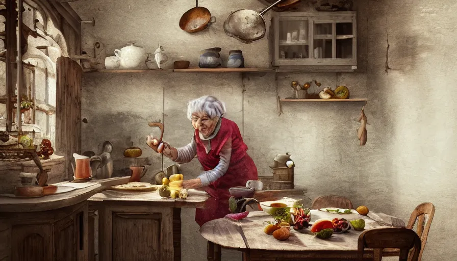 Prompt: old polish lady cooking in an old kitchen, old 1 8 0 0's house, pan and plates, fruits and legumes, old wooden tables and chairs, hyperdetailed, artstation, cgsociety, 8 k