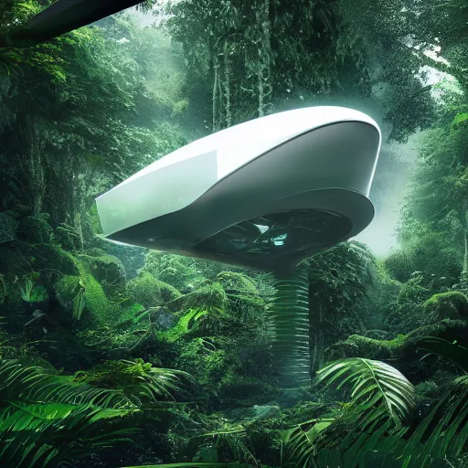 Image similar to futuristic white spaceship in a dense alien rainforest, HD, high def