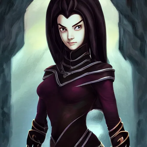 Prompt: Portrait of teenage sorceress Azula wearing skintight black leather armor, Avatar the Last Airbender, Dungeons and Dragons, Lord of the Rings, intricate, elegant, highly detailed, digital painting, artstation, concept art, smooth, sharp focus, illustration, art by artgerm and greg rutkowski and alphonse mucha and andrei riabovitchev