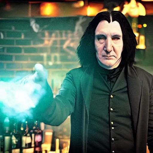 Prompt: Severus Snape dances in a bar, fish lens, neon, realistic, full body, very detailed, super realistic