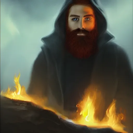 Image similar to grumpy young brown - red haired man with beard, wearing black coat, fire behind him, fire, oil painting, fantasy artwork, fantastic artwork, 4 k, trending on artstation