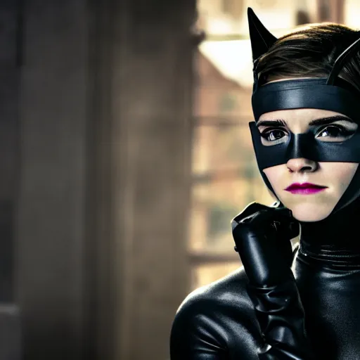 Image similar to Emma Watson as Catwoman, XF IQ4, f/1.4, ISO 200, 1/160s, Adobe Photoshop, Adobe Lightroom, DxO Photolab, Sense of Depth, AI enhanced, HDR, in-frame