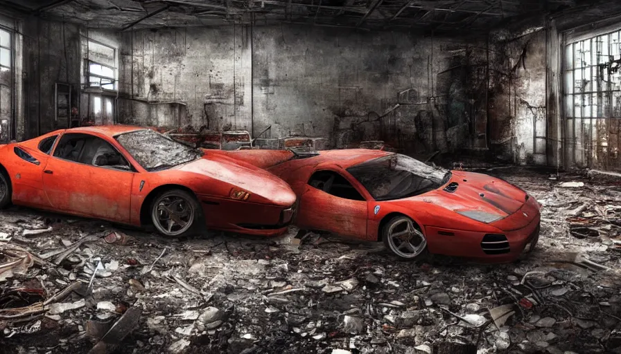 Prompt: Abandoned Ferrari in an abandoned garage with lot of vegeration, wide view, hyperdetailed, artstation, cgsociety, 8k