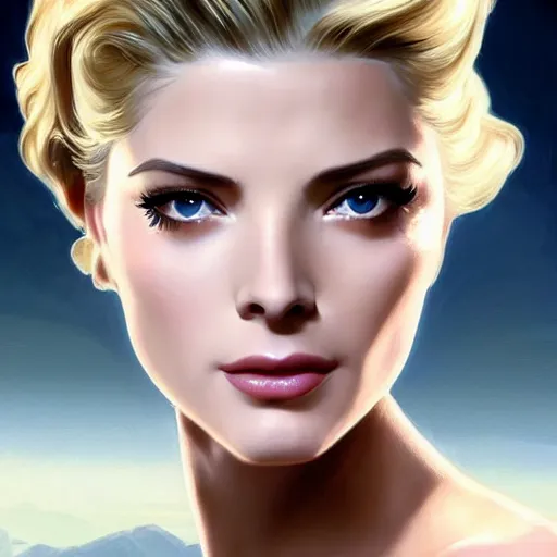 Image similar to A combination of Grace Kelly's and Katheryn Winnick's and Ashley Greene's faces with long eyelash makeup as Solid Snake, western, fantasy, intricate, elegant, highly detailed, digital painting, artstation, concept art, matte, sharp focus, illustration, half body portrait, art by Artgerm and Greg Rutkowski and Alphonse Mucha