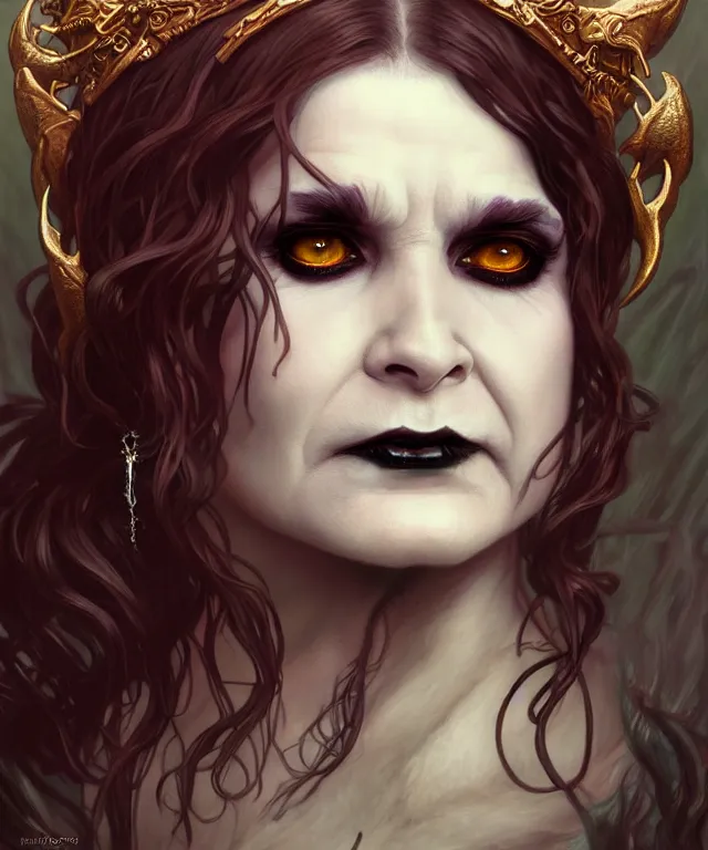 Prompt: ozzy osborne as a gothic female fantasy satyr, portrait, fantasy, intricate, elegant, highly detailed, digital painting, artstation, concept art, smooth, sharp focus, illustration, art by artgerm and greg rutkowski and alphonse mucha