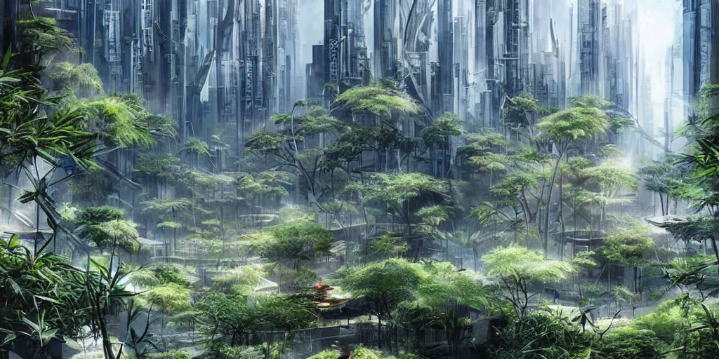 Image similar to bamboo garden in the middle of a futuristic megacity, sci-fi, matte painting, concept art, style by dylan cole