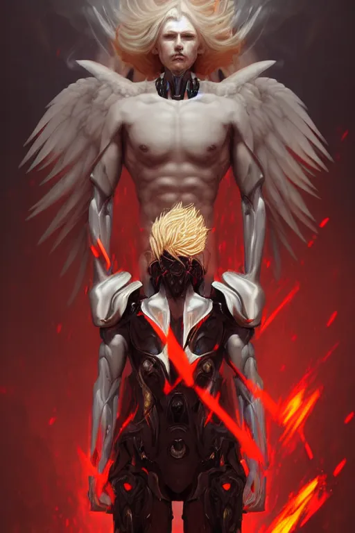 Image similar to digital art of a pale menacing male Cyborg Angel of Battle with fluffy blond curls of hair and piercing red eyes, central composition, gilded black cybernetics, he commands the fiery power of resonance and wrath, by WLOP, Artstation, CGsociety