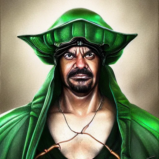 Image similar to hyper realistic, realistic - anime, portrait, beautifully rendered, italian garb the future, dune, caricature, luis guzman as luigi wearing green, painted by wlop, artgerm, dishonored 2,