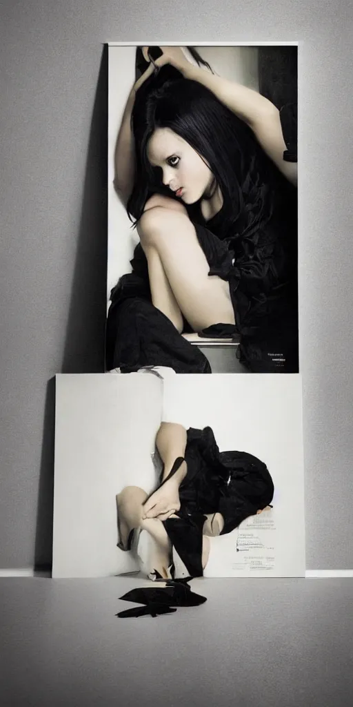 Image similar to a young girl with straight long black hair wearing black dress sitting in bathroom floor, poster by artgem, greg rutkowski and mario testino