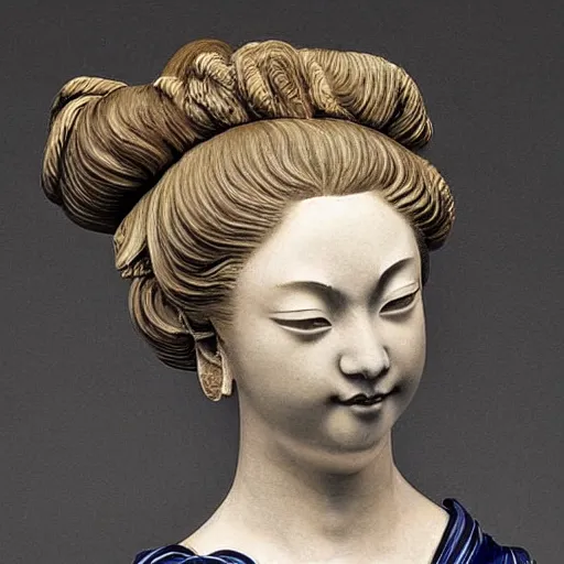 Image similar to Sculpture. A beatiful portrait of a young woman, pictured from the shoulders up, wearing a pearl necklace and earrings. She has blonde hair that is styled in loose curls, and she is looking to the side with a soft expression. cool indigo by Katsushika Hokusai, by Mat Collishaw robust