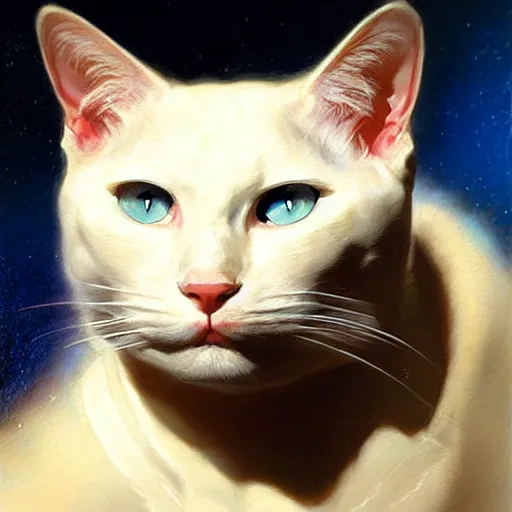 Prompt: a portrait of a manly humanoid white cat feline, blue eyes, star trek the next generation. highly detailed painting by gaston bussiere, craig mullins, j. c. leyendecker, furry