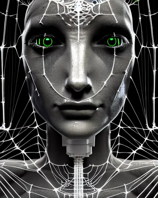 Image similar to black and white cyborg-plant goddess high quality photo, artificial intelligence, bio-mechanical bio-luminescence, artificial spider web, neurons, nerve cells, octane render, cinematic, rim light, hyper realism, photo-realistic, high detail, 8k, in the style of Steven Meisel and Dora Maar and H.G. Giger