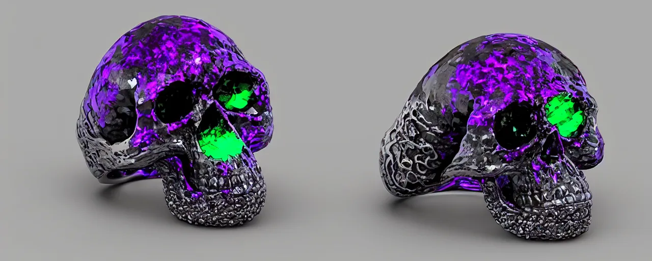 Image similar to simple magic crystal ring of poison, radiant cut, skull, skulls, tentacles, green, black, purple. smooth shank, crystal, engravings, diamonds, product design, jewelry, gold, silver, colorful, art by gerald brom, greg rutkowski and artgerm, photo realism, unreal engine, c 4 d