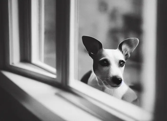 Image similar to photography of a Jack Russel . watching outside the window. on a bed. in a vintage room full of vinyls and posters.,volumetric light, photorealistic,, award winning photo, 100mm, sharp, high res