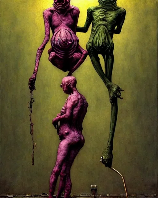 Image similar to two skinny old people with extra limbs, wearing gas masks, bodies wrapped in robes of gold, green and pink, during a biohazard apocalypse, cinematic, dystopian, eerie, horror, gothic, highly detailed painting by Francis Bacon, Beksinski, Esao Andrews, Edward Hopper, surrealism, art by Takato Yamamoto and !!!James Jean!!!