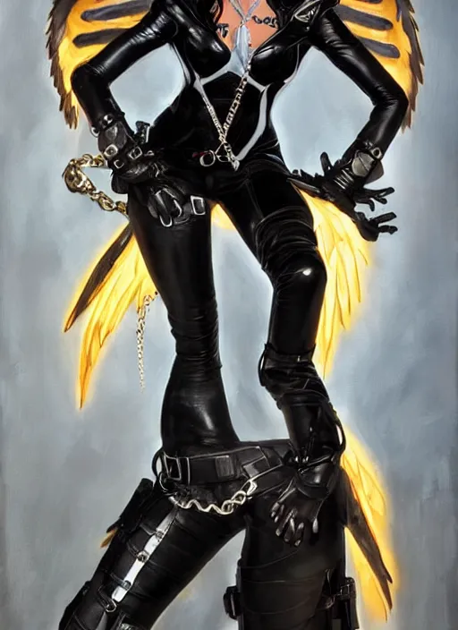 Prompt: full body artwork of tracer overwatch, wearing black latex outfit, in style of mark arian, angel wings, dramatic painting, wearing detailed leather collar with chain, black shiny armor, chains, black harness, detailed face and eyes,