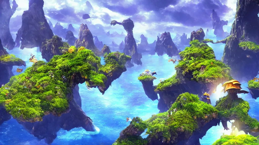 Image similar to low wide angle shot of fantasy micro world islands suspended in the air, like in the Avatar movie, fantasy artwork, very beautiful scenery, hd, hdr, cinematic 4k wallpaper, 8k, ultra detailed, high resolution, artstation