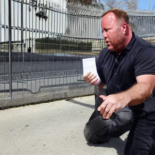 Image similar to alex jones begging for money on the side of the road, award winning press photo