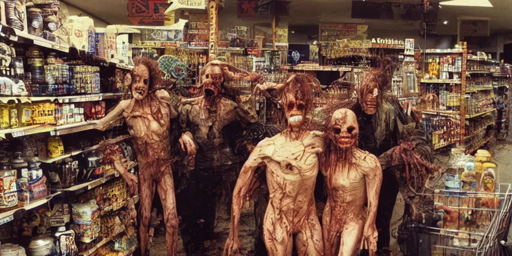 Image similar to studio happy creepy mud people inside a supermarket by bob bottin and cronenberg, horror grotesque, realistic detailed photography, filth and grim, colorized 1 9 9 0's