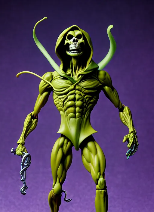 Image similar to hyperrealistic rendering, skeletor by bernie wrightson and killian eng and joe fenton, product photography, action figure, sofubi, studio lighting, colored gels