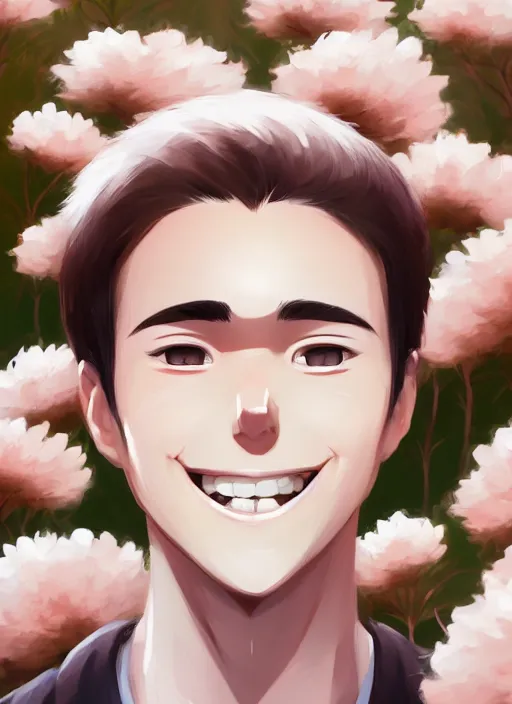 Prompt: a white young man with a big smile, prominent big eyes, wise forehead, big lips, round portruding chin, background full of brown flowers, standout colours, thin sharp lines, digital painting, artstation, matte, sharp focus, illustration, realistic anime moe artstyle
