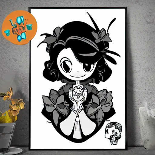 Prompt: anime manga skull portrait cuphead girl disney cartoon skeleton illustration style by Alphonse Mucha pop art nouveau