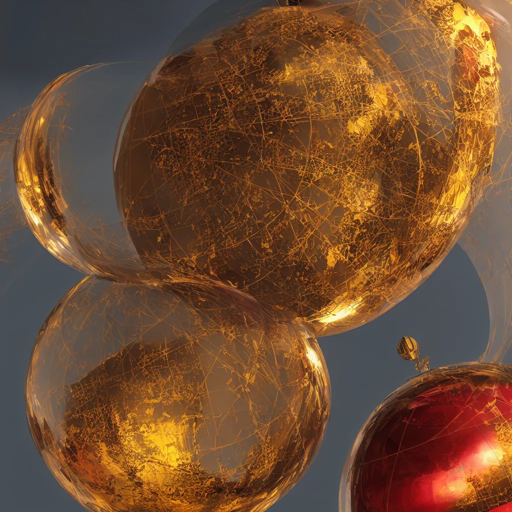 Image similar to a large translucent gold sphere with a red translucent sphere inside, the red sphere holds a city inside of it, photo realistic, 8k, octane rendered, highly detailed